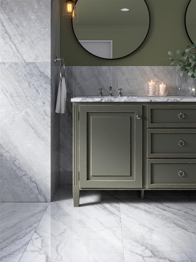 Grey marble tiles with sage olive green decor in a classic bathroom